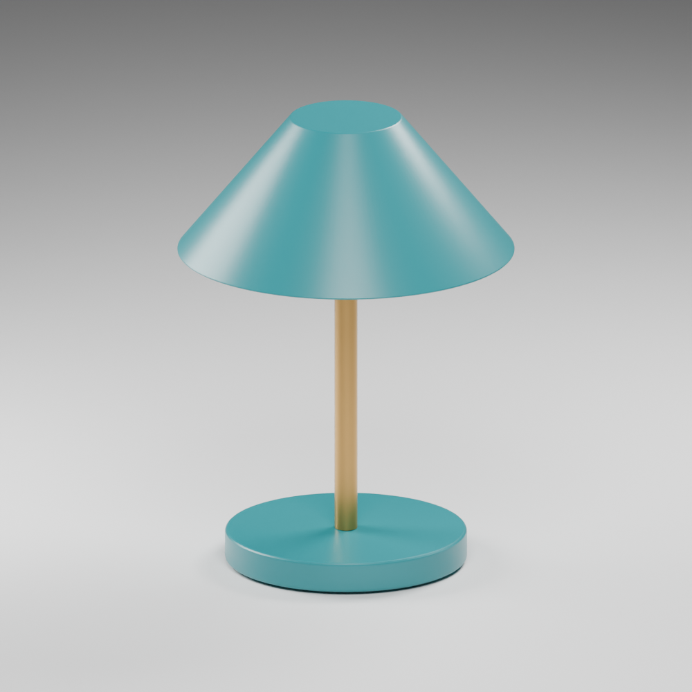 Teal desk lamp with a brass stem, built in Blender